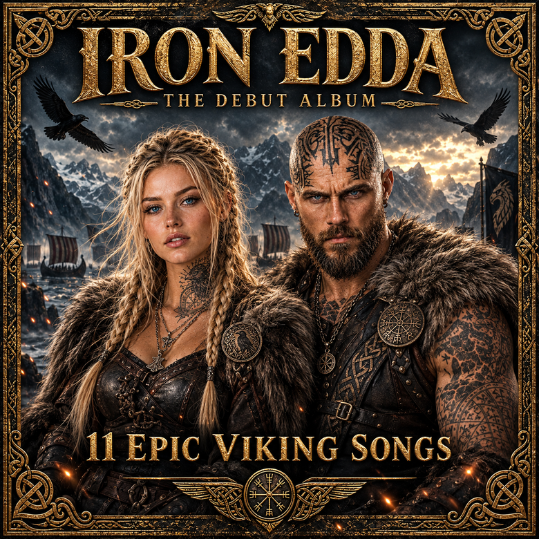 Iron Edda Storm Rising album artwork featuring epic Viking music