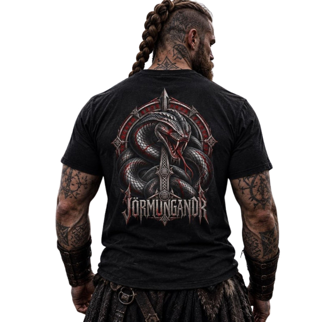 Jormungandr Graphic T-Shirt - Norse Mythology World Serpent Tee, Viking Pagan Unisex Cotton Shirt