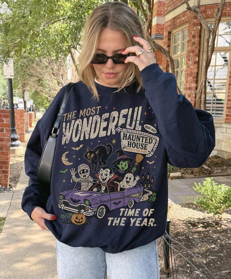 Cute Ghost Vintage Halloween Sweatshirt, Witchy Fall Shirt, 90s Spooky Movie Crewneck, Black Cat Vampire Pumpkin Hoodie Gift