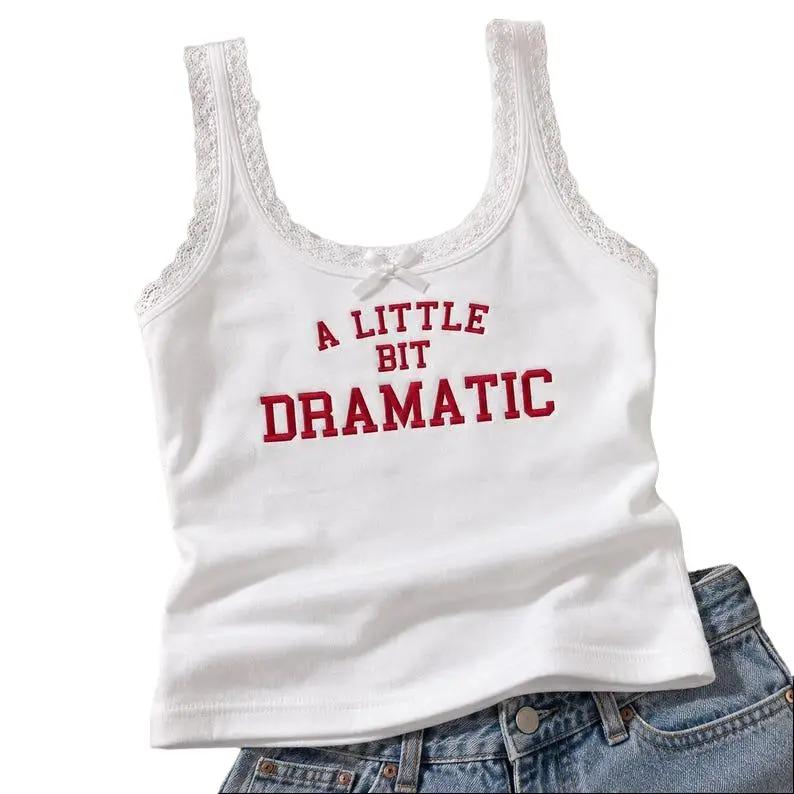 Women's Embroidered Funny Quote Lace Tank Top - Y2K College Style, A Little Bit Dramatic Cami, Women's Halloween Clothes