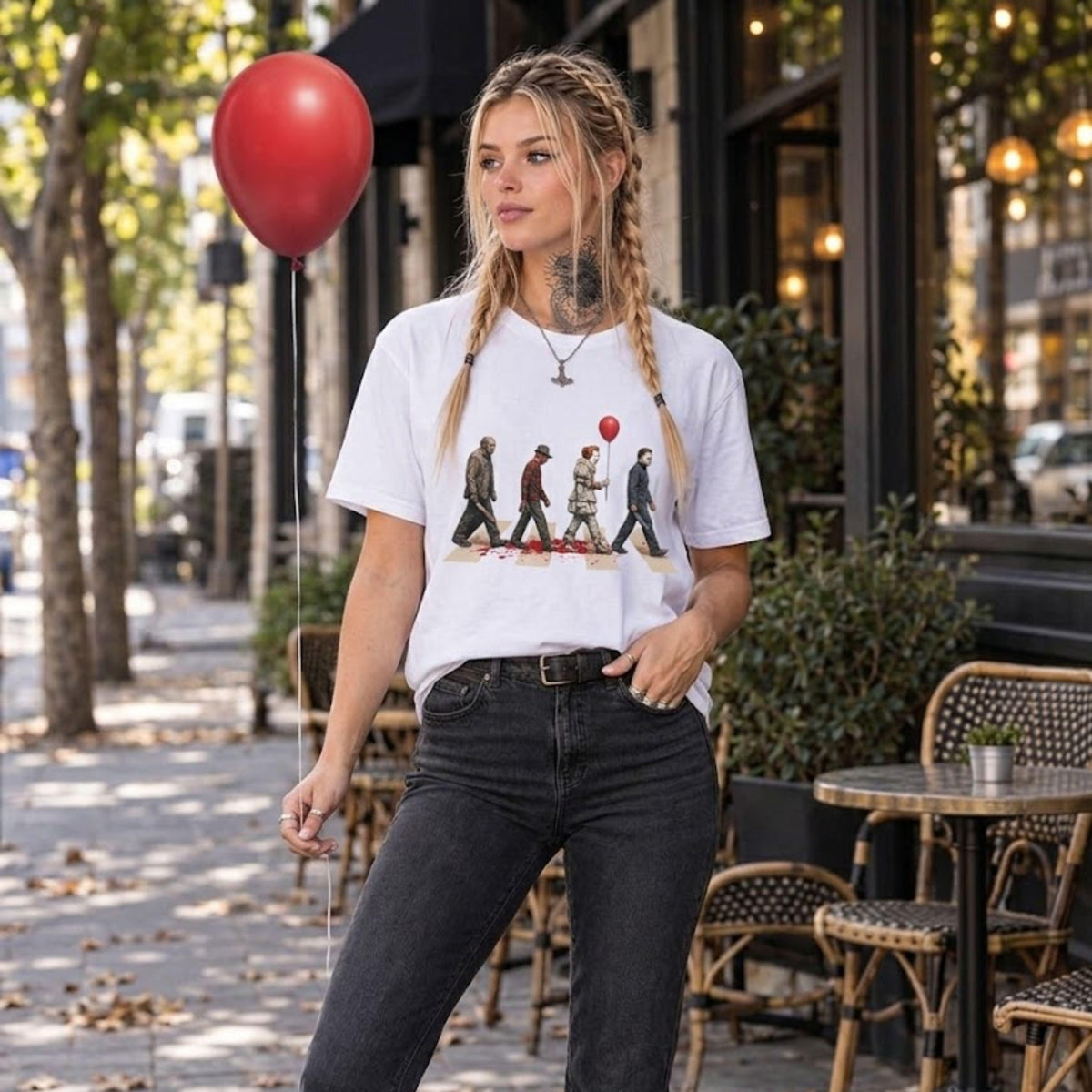 Women's Oversized Vintage Horror Characters Abbey Road Graphic Tee - Retro Halloween Crewneck Top, Classic Movie Tshirt, Comfort Colors Aesthetic Streetwear Gift