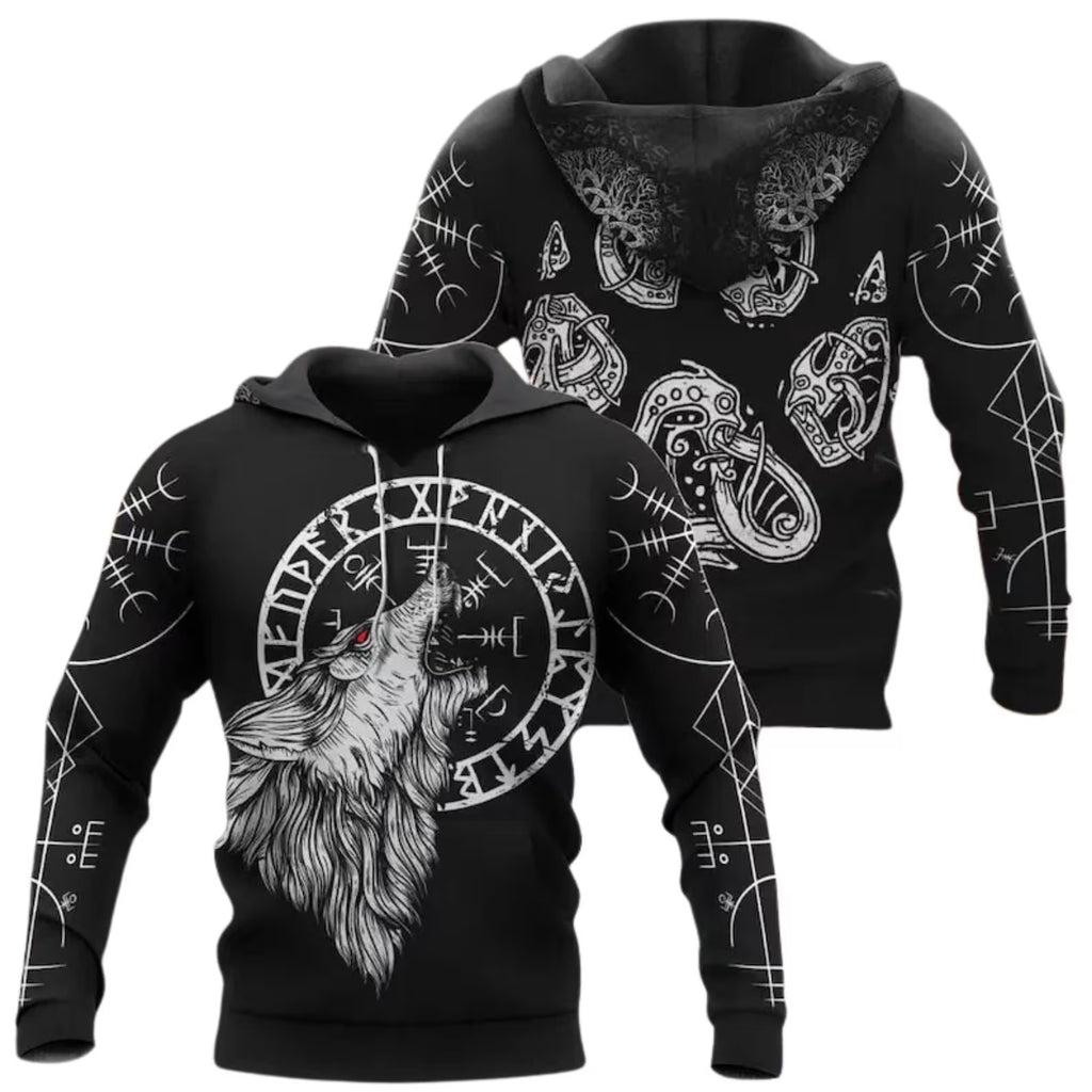 Norse Wolf Viking Hoodie, Fenrir Rune Graphic Pullover, Unisex Pagan Warrior Gift